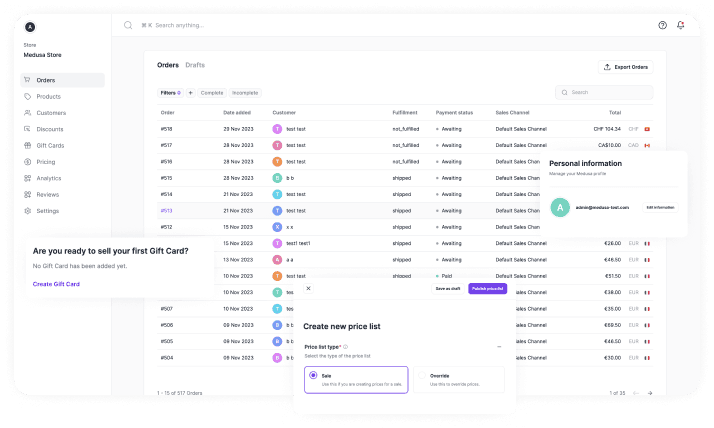 Medusa orders dashboard screenshot