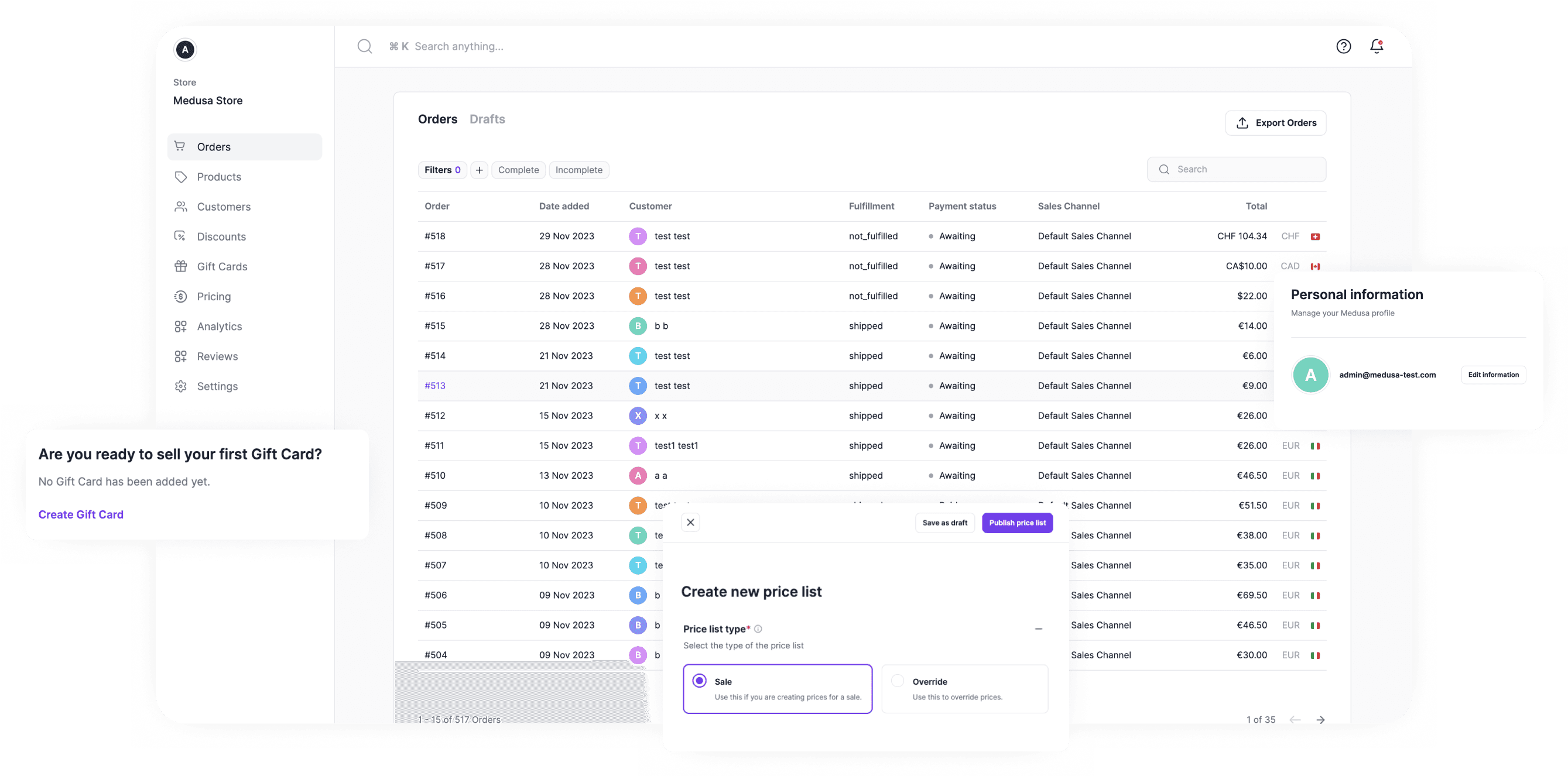 Medusa orders dashboard screenshot