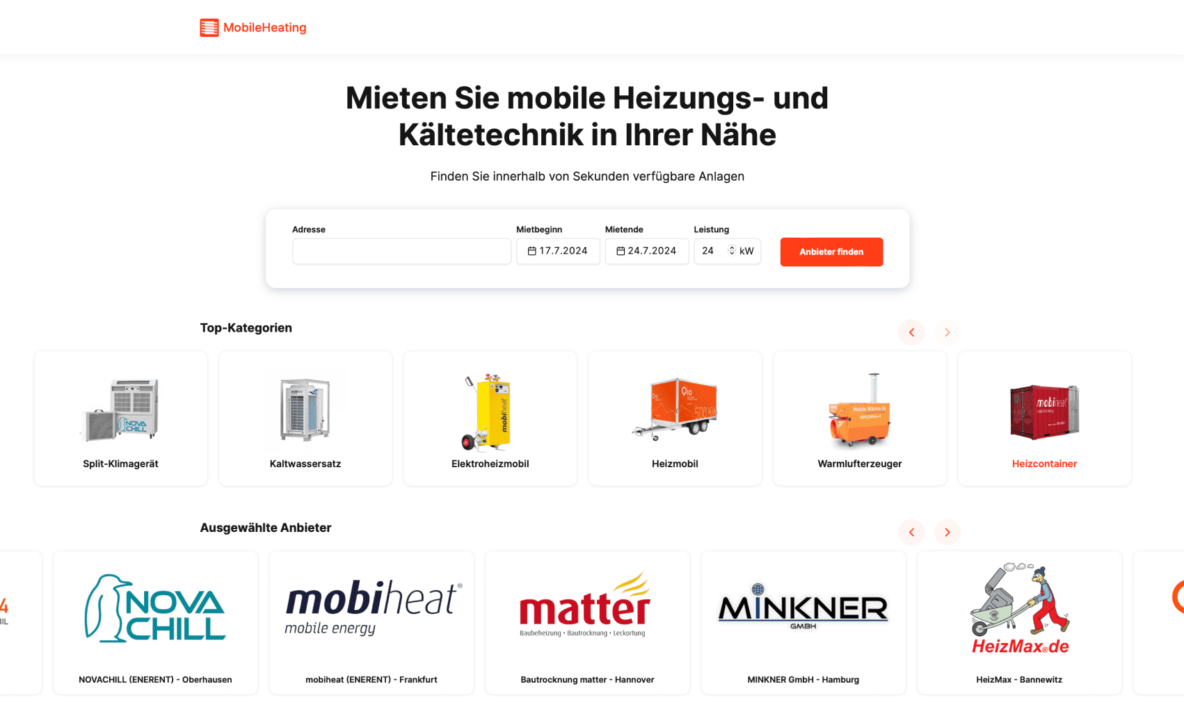MobileHeating home page screenshot