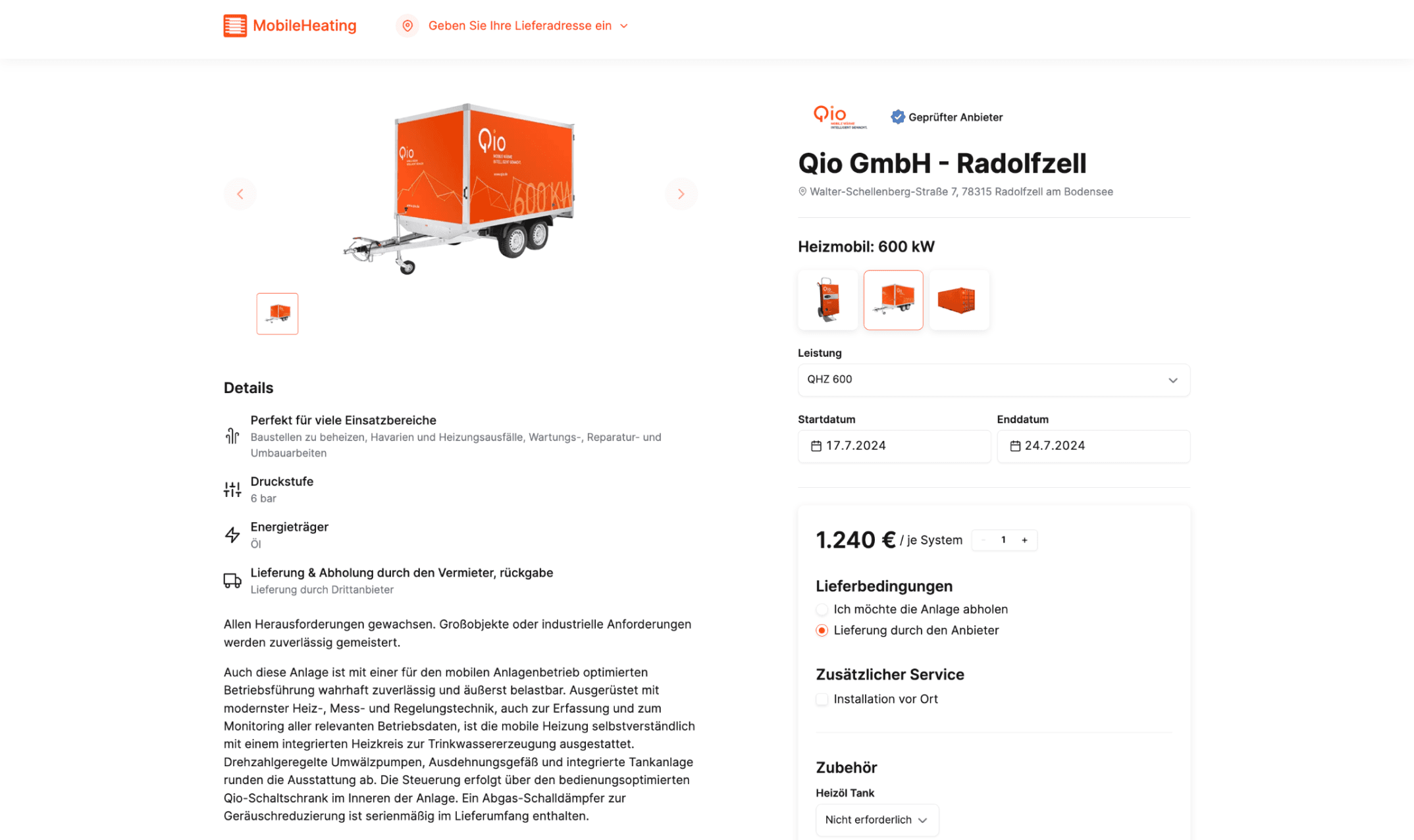 MobileHeating product page screenshot