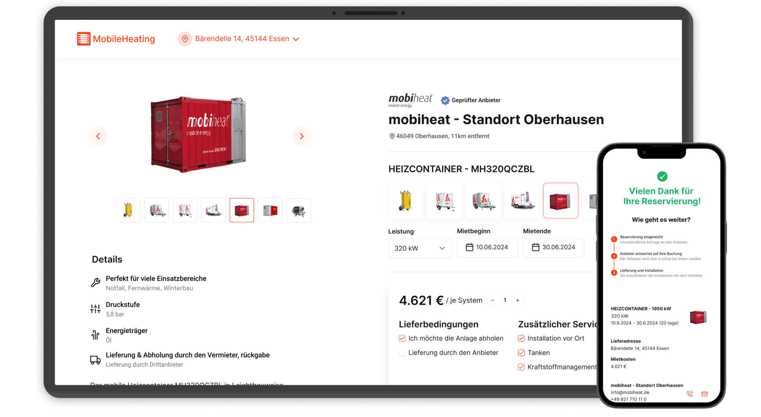 MobileHeating site screenshots on desktop and mobile